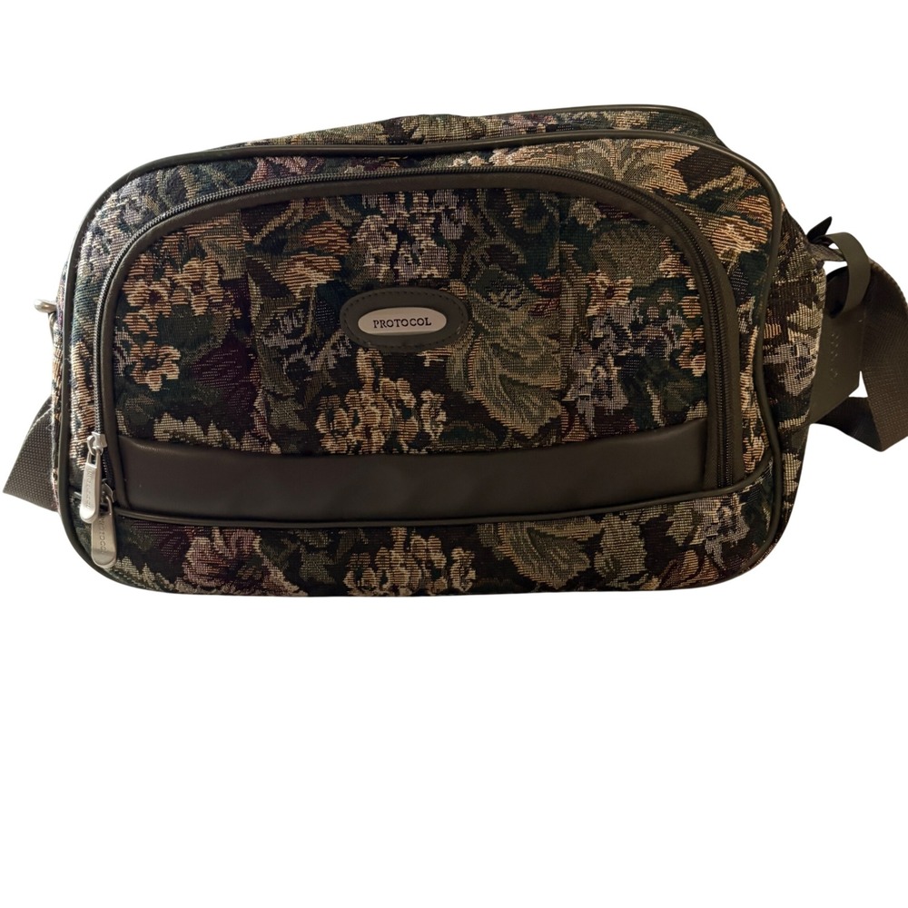 Protocol Floral Tapestry Shoulder Bag Green Woven Travel Carry On Messenger